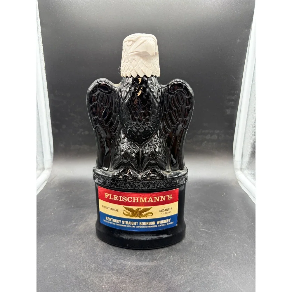 Vintage Fleischmanns Bicentennial Eagle Decanter Black Glass Bourbon Bottle